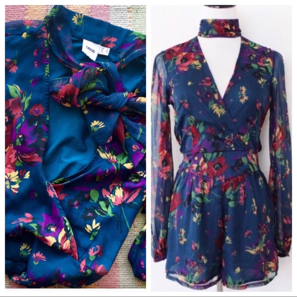 ASOS Floral Long Sleeve Tie Neck Romper Sz 4